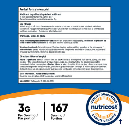 Nutricost Beta Alanine Powder (500 Grams) Unflavored - Pre-Workout Supplement, Non-GMO, Gluten-Free 🍁 All In One Marketplace Canada