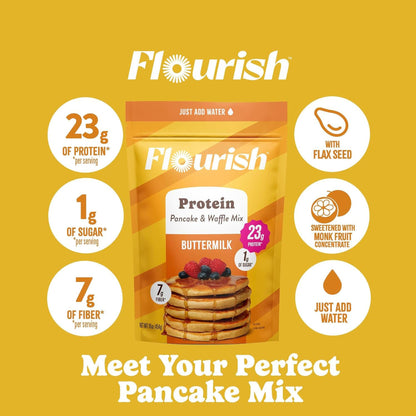 Flourish Protein Pancake & Waffle Mix with Whey Protein, No Added Sugar, High in Fiber - Just Add Water - Buttermilk Flavour, 430 g Each (2 Pack) - Made in Canada 🍁 All In One Marketplace Canada