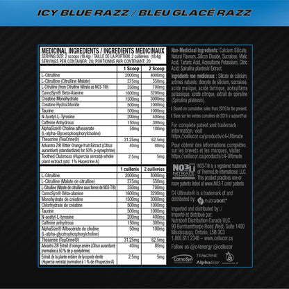 Cellucor C4 Ultimate Pre Workout Powder - Sugar Free Preworkout Energy with 300mg Caffeine and Creatine for Men & Women - Icy Blue Razz, 20 Servings 🍁 All In One Marketplace Canada
